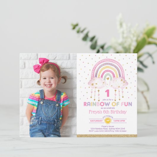 Girly Rainbow Clouds Confetti Pink Gold Birthday Kaart (Staand voorkant)