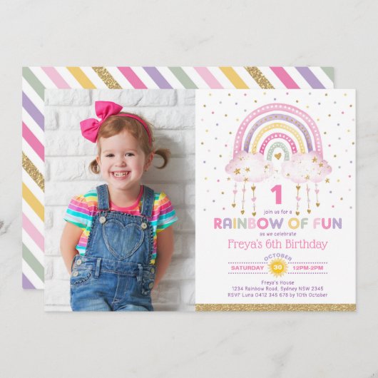 Girly Rainbow Clouds Confetti Pink Gold Birthday Kaart (Voorkant / Achterkant)
