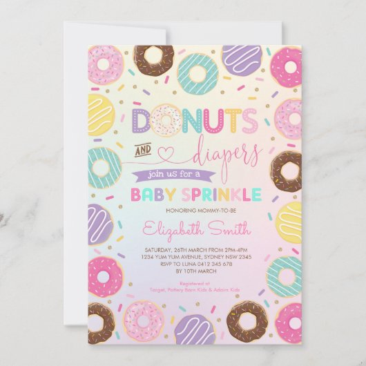 Girly Rainbow Donuts Diapers Baby Sprinkle Shower Kaart (Voorkant)