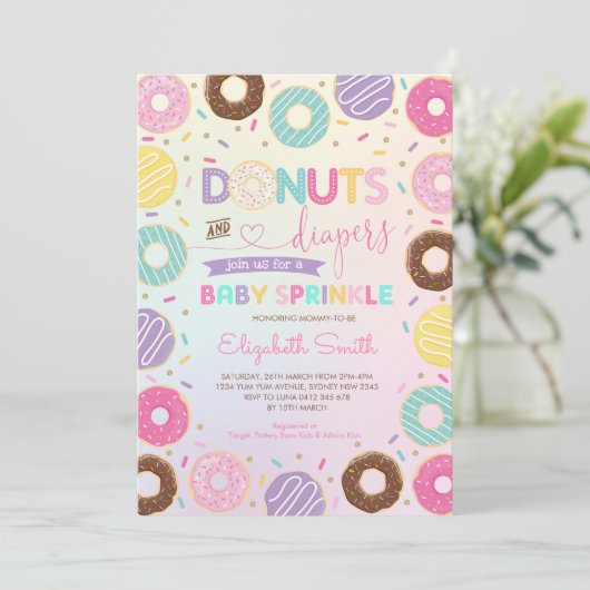 Girly Rainbow Donuts Diapers Baby Sprinkle Shower Kaart (Staand voorkant)