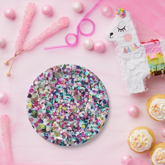 Girly Rainbow Faux Sequins Bling Papieren Bordje (Feest)
