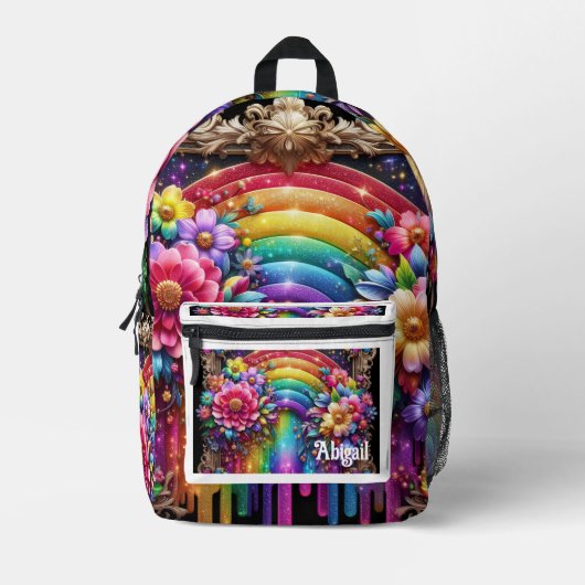 Girly Rainbow Flowers with Glitter Drips Backpack Bedrukte Rugzak (Voorkant)