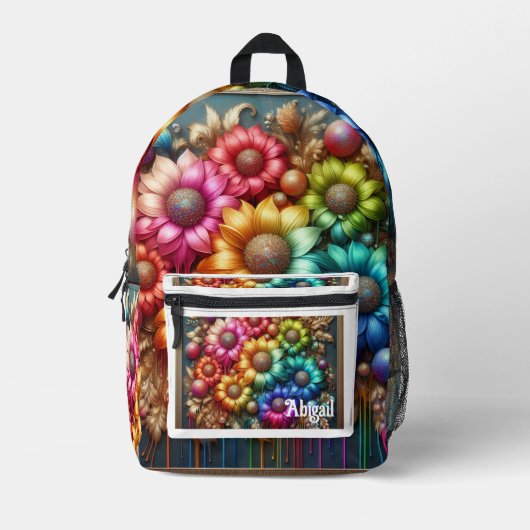 Girly Rainbow Flowers with Glitter Drips Backpack Bedrukte Rugzak (Voorkant)