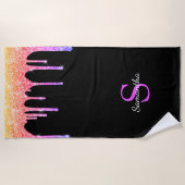 Girly Rainbow Glitter Drift Monogram Naam Strandlaken (Voorkant)