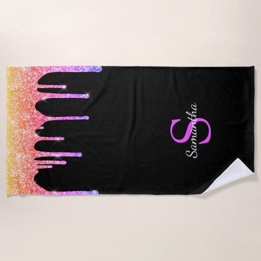 Girly Rainbow Glitter Drift Monogram Naam Strandlaken (Voorkant)