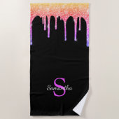 Girly Rainbow Glitter Drift Monogram Naam Strandlaken (Voorkant)