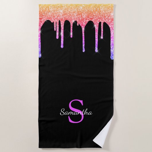 Girly Rainbow Glitter Drift Monogram Naam Strandlaken (Voorkant)