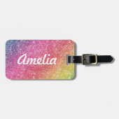 Girly Rainbow Glitter Monogram Name Bagagelabel (Voorkant horizontaal)