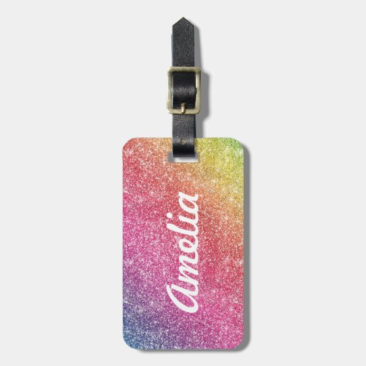 Girly Rainbow Glitter Monogram Name Bagagelabel (Voorkant verticaal)