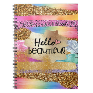Girly rainbow gold glitter hello beautiful heart notitieboek