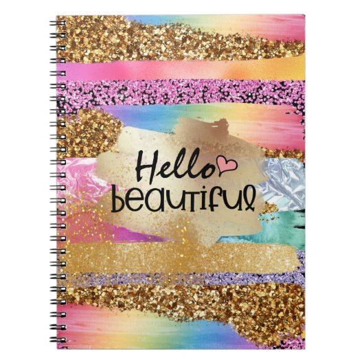 Girly rainbow gold glitter hello beautiful heart notitieboek (Voorkant)