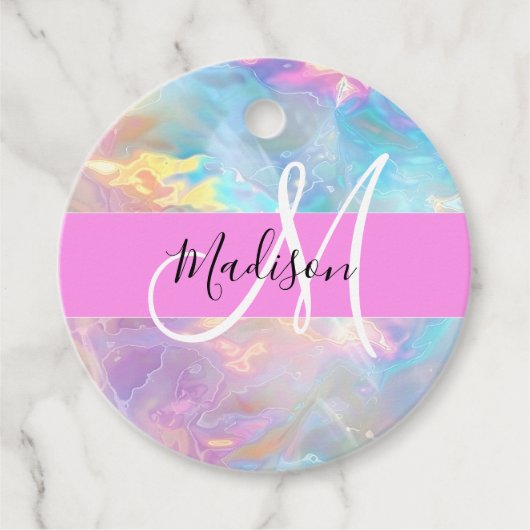Girly Rainbow Holografische Iridescent Monogram Na Bedankjes Labels (Voorkant)