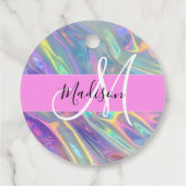 Girly Rainbow Holografische Iridescent Monogram Na Bedankjes Labels (Achterkant)