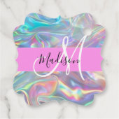 Girly Rainbow Holografische Iridescent Monogram Na Bedankjes Labels (Achterkant)