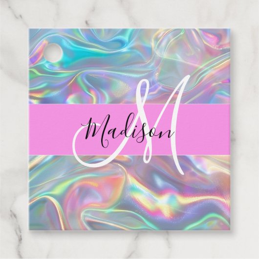 Girly Rainbow Holografische Iridescent Monogram Na Bedankjes Labels (Voorkant)
