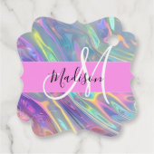Girly Rainbow Holografische Iridescent Monogram Na Bedankjes Labels (Achterkant)