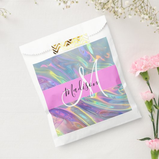 Girly Rainbow Holografische Iridescent Monogram Na Bedankzakje (Gezegeld)