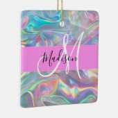 Girly Rainbow Holografische Iridescent Monogram Na Keramisch Ornament (Rechts)