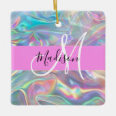 Girly Rainbow Holografische Iridescent Monogram Na Keramisch Ornament (Voorkant)