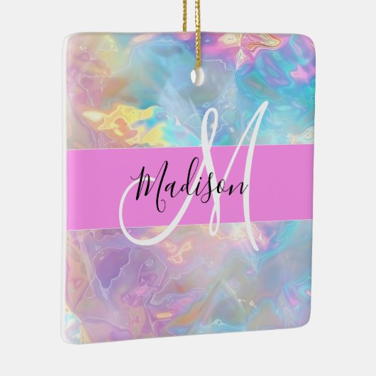 Girly Rainbow Holografische Iridescent Monogram Na Keramisch Ornament (Rechts)
