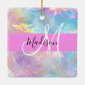 Girly Rainbow Holografische Iridescent Monogram Na Keramisch Ornament (Achterkant)