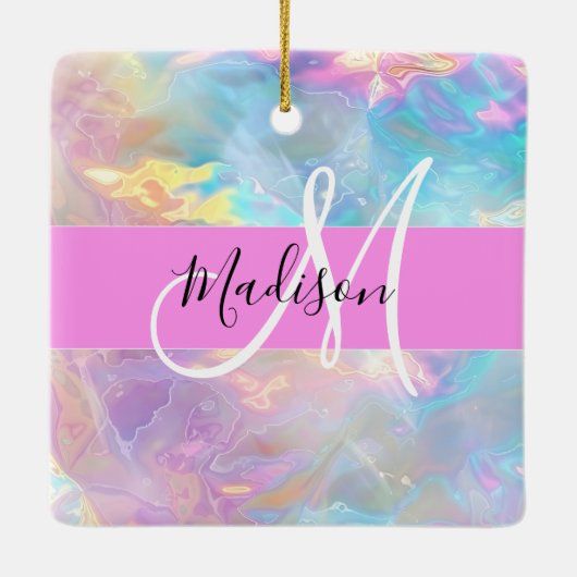 Girly Rainbow Holografische Iridescent Monogram Na Keramisch Ornament (Achterkant)
