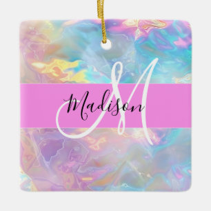 Girly Rainbow Holografische Iridescent Monogram Na Keramisch Ornament