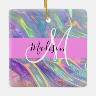 Girly Rainbow Holografische Iridescent Monogram Na Keramisch Ornament