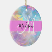 Girly Rainbow Holografische Iridescent Monogram Na Keramisch Ornament (Rechts)