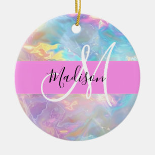 Girly Rainbow Holografische Iridescent Monogram Na Keramisch Ornament