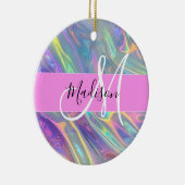 Girly Rainbow Holografische Iridescent Monogram Na Keramisch Ornament (Rechts)