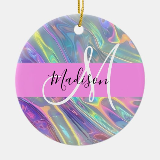 Girly Rainbow Holografische Iridescent Monogram Na Keramisch Ornament (Voorkant)