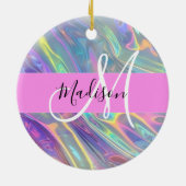 Girly Rainbow Holografische Iridescent Monogram Na Keramisch Ornament (Achterkant)