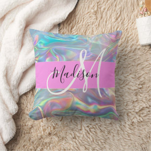 Girly Rainbow Holografische Iridescent Monogram Na Kussen