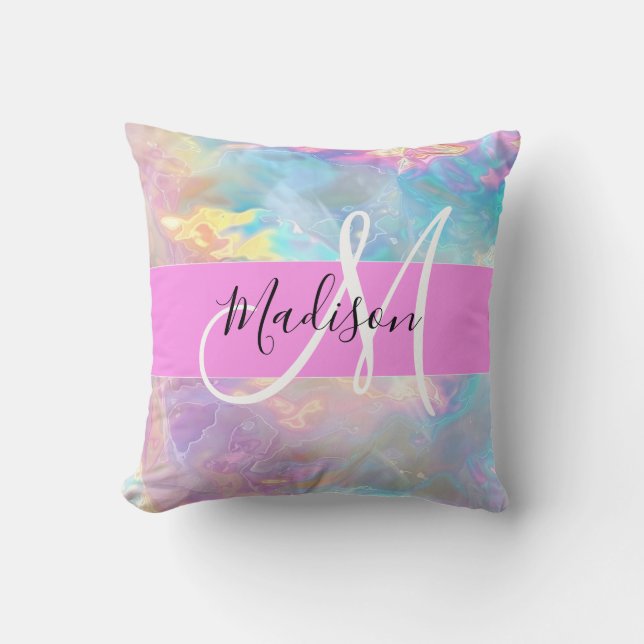 Girly Rainbow Holografische Iridescent Monogram Na Kussen (Voorkant)