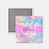 Girly Rainbow Holografische Iridescent Monogram Na Magneet (Voorkant / Achterkant)