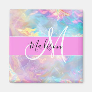Girly Rainbow Holografische Iridescent Monogram Na Magneet
