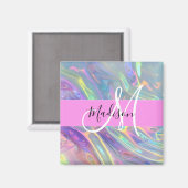 Girly Rainbow Holografische Iridescent Monogram Na Magneet (Voorkant / Achterkant)