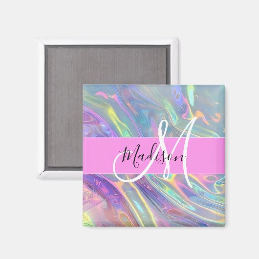 Girly Rainbow Holografische Iridescent Monogram Na Magneet (Voorkant / Achterkant)