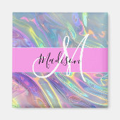 Girly Rainbow Holografische Iridescent Monogram Na Magneet (Voorkant)