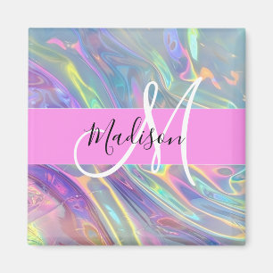 Girly Rainbow Holografische Iridescent Monogram Na Magneet