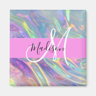 Girly Rainbow Holografische Iridescent Monogram Na Magneet
