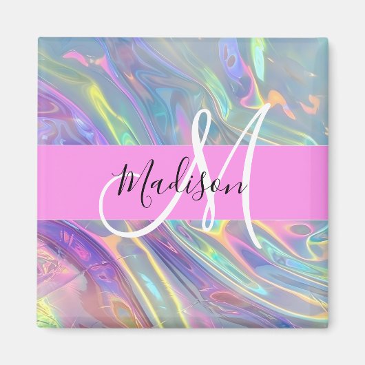 Girly Rainbow Holografische Iridescent Monogram Na Magneet (Voorkant)