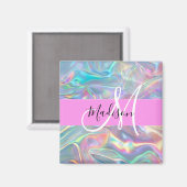 Girly Rainbow Holografische Iridescent Monogram Na Magneet (Voorkant / Achterkant)