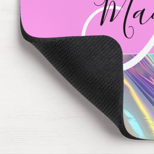 Girly Rainbow Holografische Iridescent Monogram Na Muismat (Hoek)