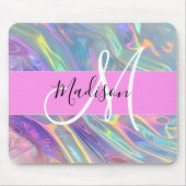 Girly Rainbow Holografische Iridescent Monogram Na Muismat (Voorkant)