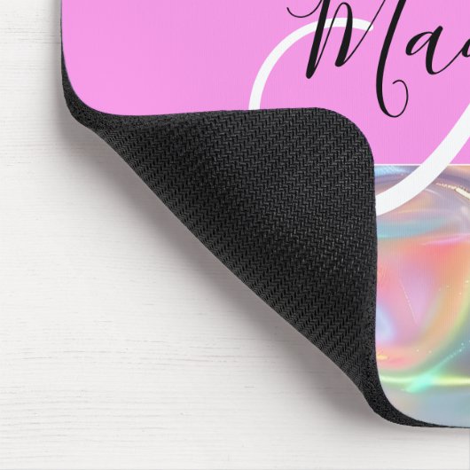 Girly Rainbow Holografische Iridescent Monogram Na Muismat (Hoek)