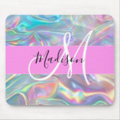 Girly Rainbow Holografische Iridescent Monogram Na Muismat (Voorkant)