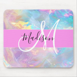 Girly Rainbow Holografische Iridescent Monogram Na Muismat