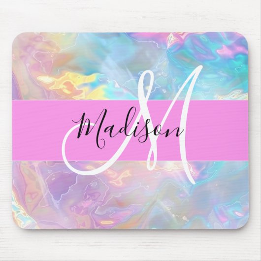 Girly Rainbow Holografische Iridescent Monogram Na Muismat (Voorkant)